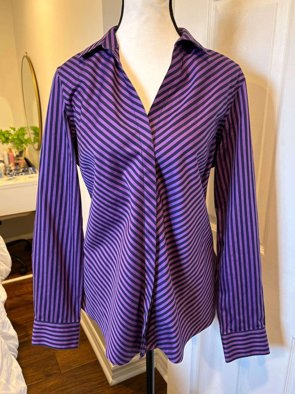 Foxcroft Purple Navy Stripe Non Iron Button Down Shirt Size 14